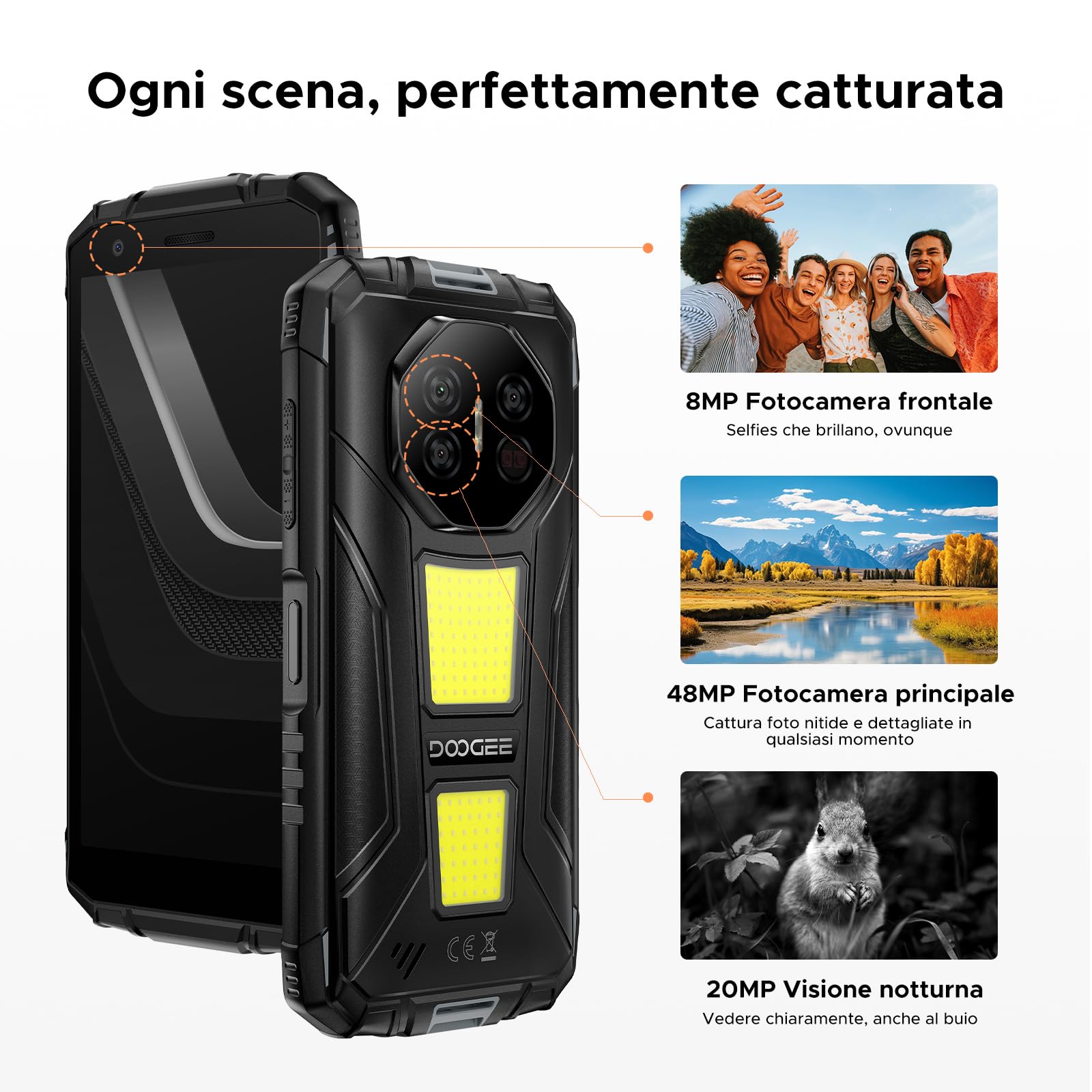 Fire 3 Max Rugged Smartphone Android 15, Doppie Luci Campeggio, UNISOC T7250, 8350mAh Telefono Indistruttibile, 32GB+256GB, 40MP+20MP+8MP Telefono Rugged, Widevine L1/NFC - Grigio