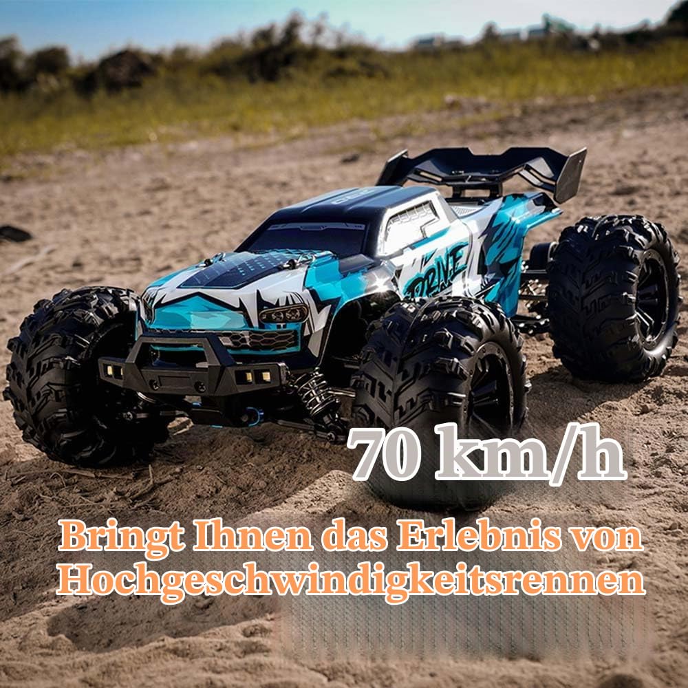 70 km/h Brushless Ferngesteuertes Auto Erwachsene, 1:16 4WD RC Truck mit Licht, Hoher Geschwindigkeit, Off-Road Wasserdicht Truck, 3×Wiederaufladbarer Akku(Blau)