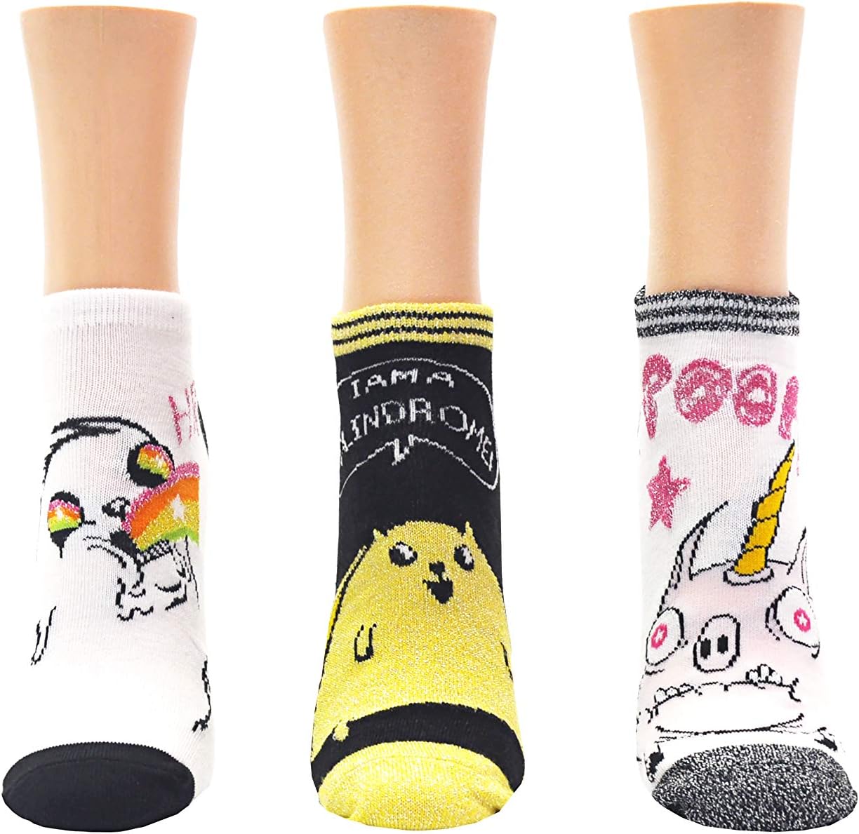 Exploding Kittens Lowcut Socks (3 Pair) - Rainbow-Ralphing Cat, Tacocat, Pig-a-corn - Fits Ladies Shoe Size 4-10