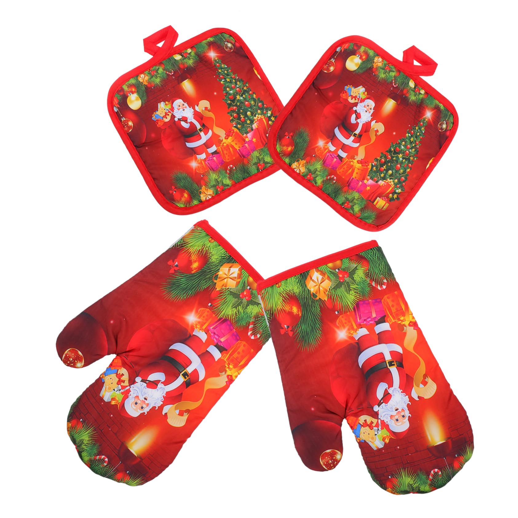 Alipis Guantes Resistentes Al Calor para Horno y Microondas, Juego De 4 Piezas, Diseño Navideño Rojo Árbol y Santa Claus, Tela Acolchada Aislamiento Térmico para Cocina y Horneado