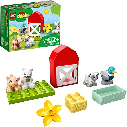 LEGO DUPLO Town Farm Animal Care 10949 Juguete para niños pequeños, niñas y niños de 2 años más con figuras de pato, cerdo, oveja y gato, juguetes