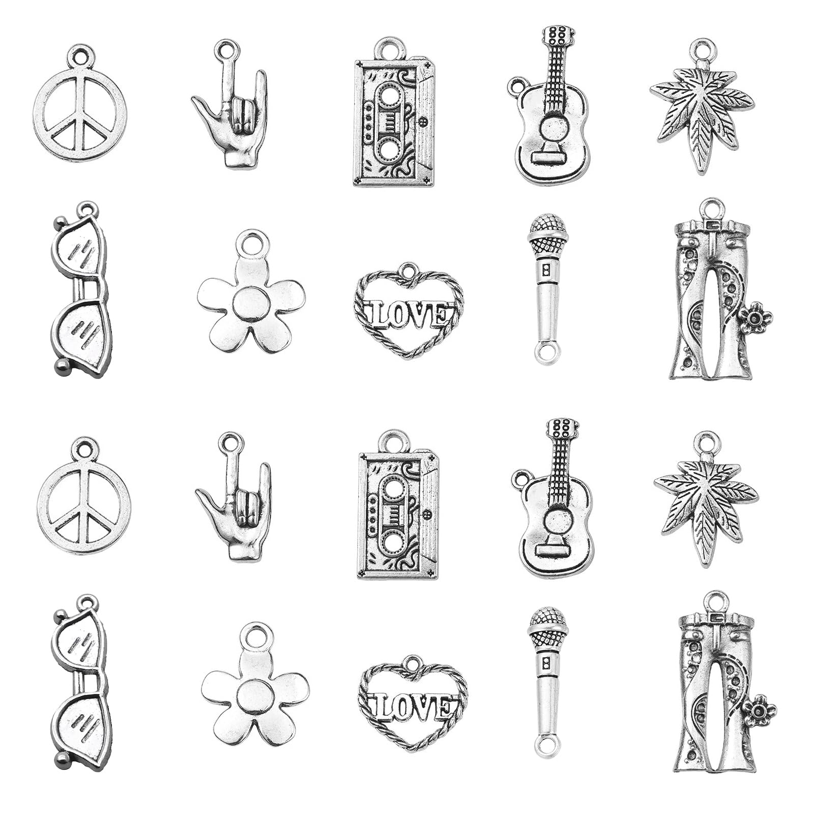 Stiesy 100Pcs 10 Styles Tibetan Hippie Theme Charms Antique Silver Guitar Peace Sign Leaf Shape Dangle Charms for Crafts Jewelry Making