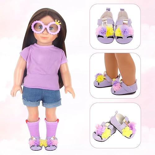 Miniatura 9 de MSYO Zapatos de muñeca para muñecas de 18 pulgadas, 9 pares de zapatos de muñeca lindos al azar de 6, zapatos de unicornio morado, botas de muñeca
