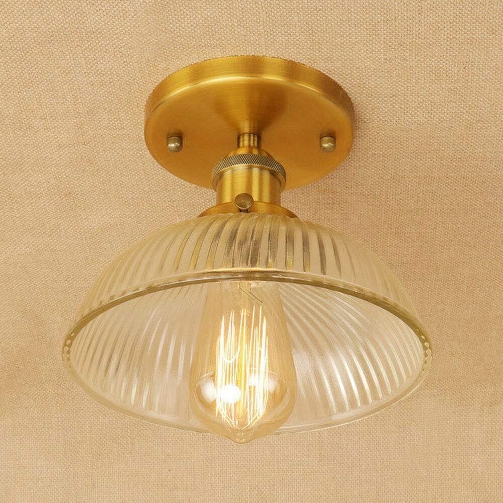 Vintage Single Head Ceiling Lights Metal Wrought Iron Ceiling Lamp Retro Industry E27 Stripe Glass Kitchen Fixtures Home Lighting (Color : Gold)