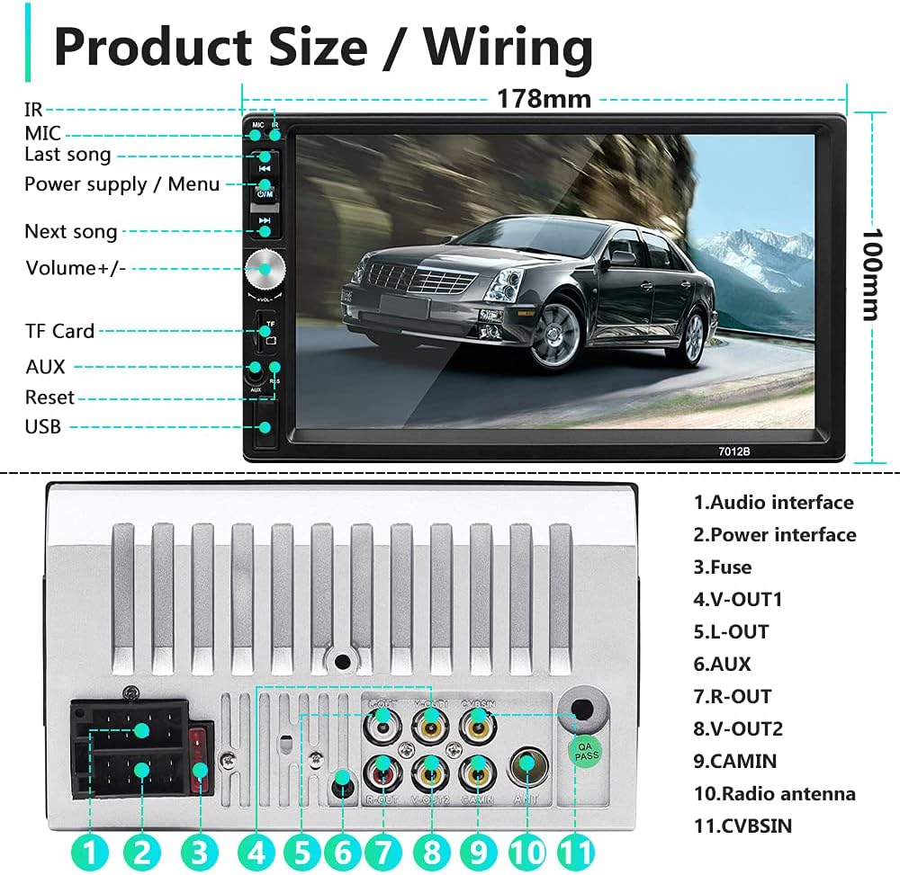 Diagram showing the dimensions of the Hodozzy car radio and its rear panel connections.