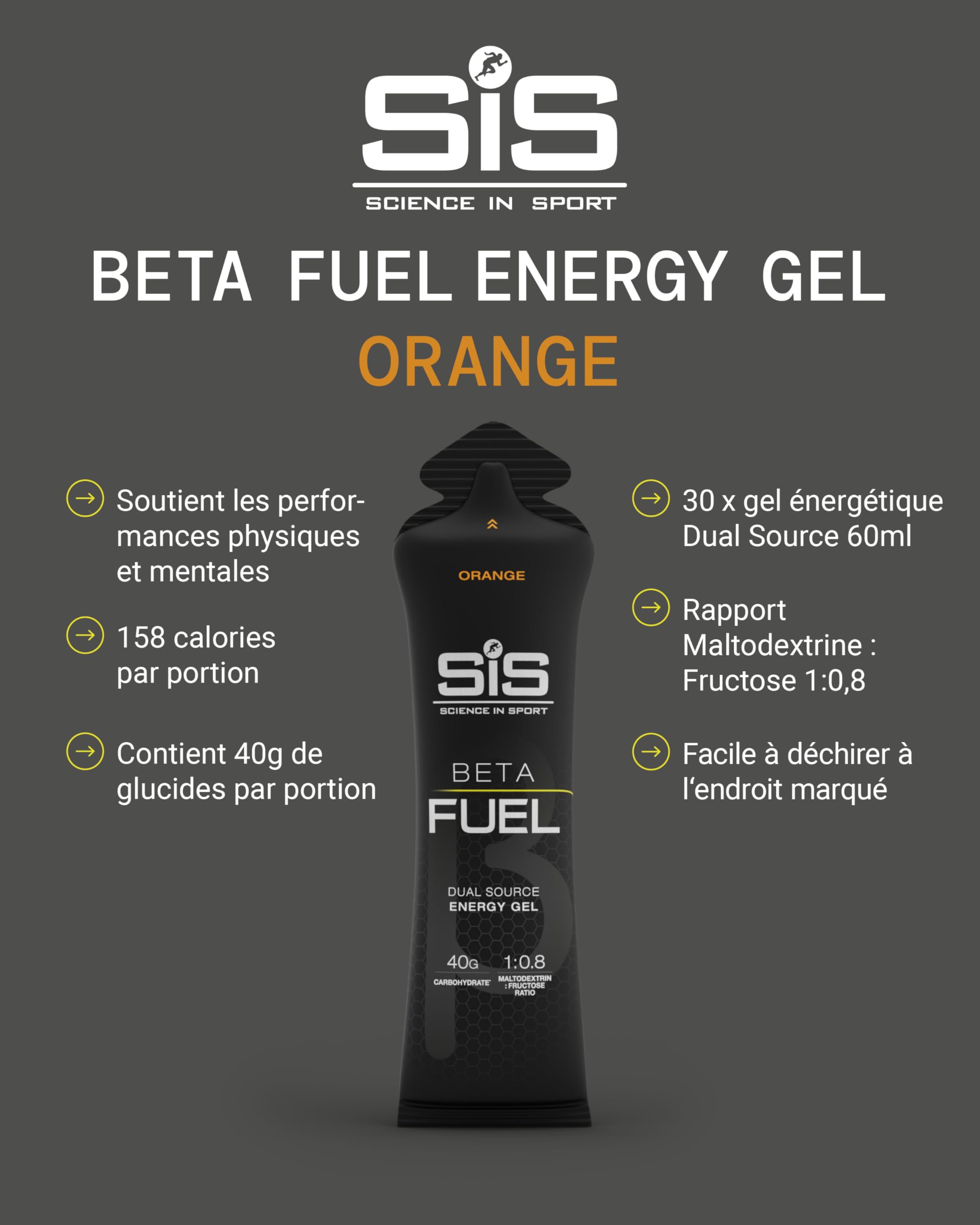 Science in Sport BETA Fuel Dual Source Gel 30 x 60ml Orange - Gel énergétique riche en glucides avec 40g de glucides - gel énergétique facilement digestible pour des performances optimales