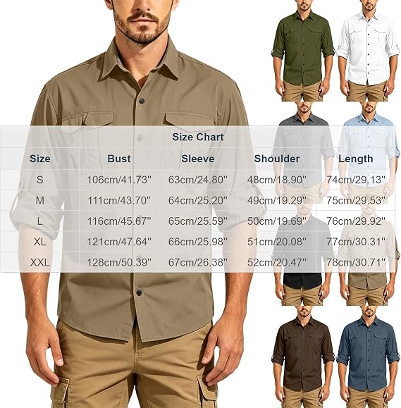 Mens Lightweight Utility Shirt Roll-Tab Sleeve Button Down Quick Dry Shirts Outdoor Hiking Workwear with Pockets