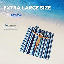 ZAZE Beach Blanket Picnic Blankets with Stakes, Thick 3-Layer 80*80 Oversized Waterproof Sandproof Compact Outdoor Mat, Big Extra Large Foldable Camping Park Vacation Travel Accessories(Blue Stripe)