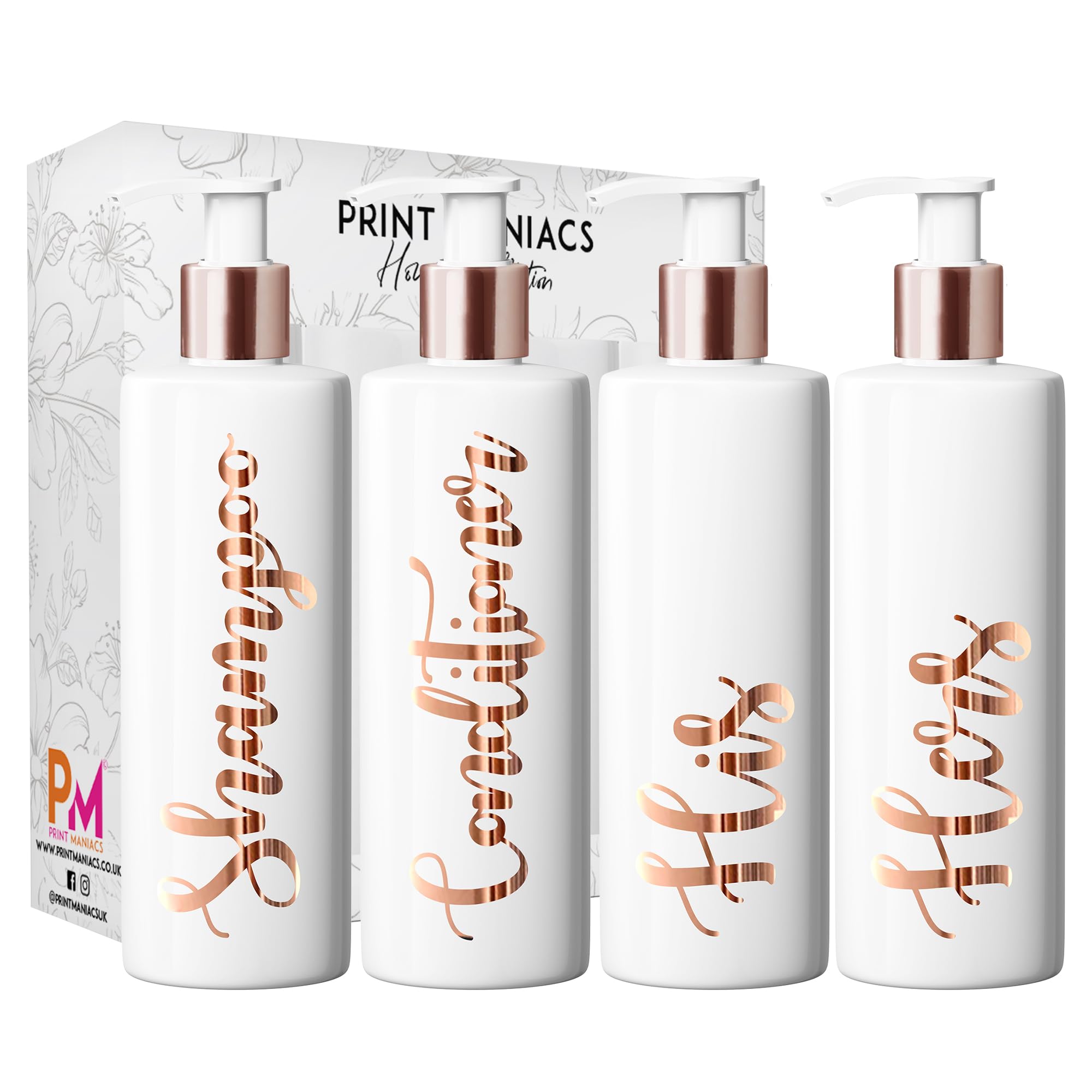 Print Maniacs White Mrs Hinch Inspired Personalised 500ml Bottles Bathroom Lotion Kitchen Shampoo Conditioner Rose Gold Pump (Set 4 His Hers) (Copper)