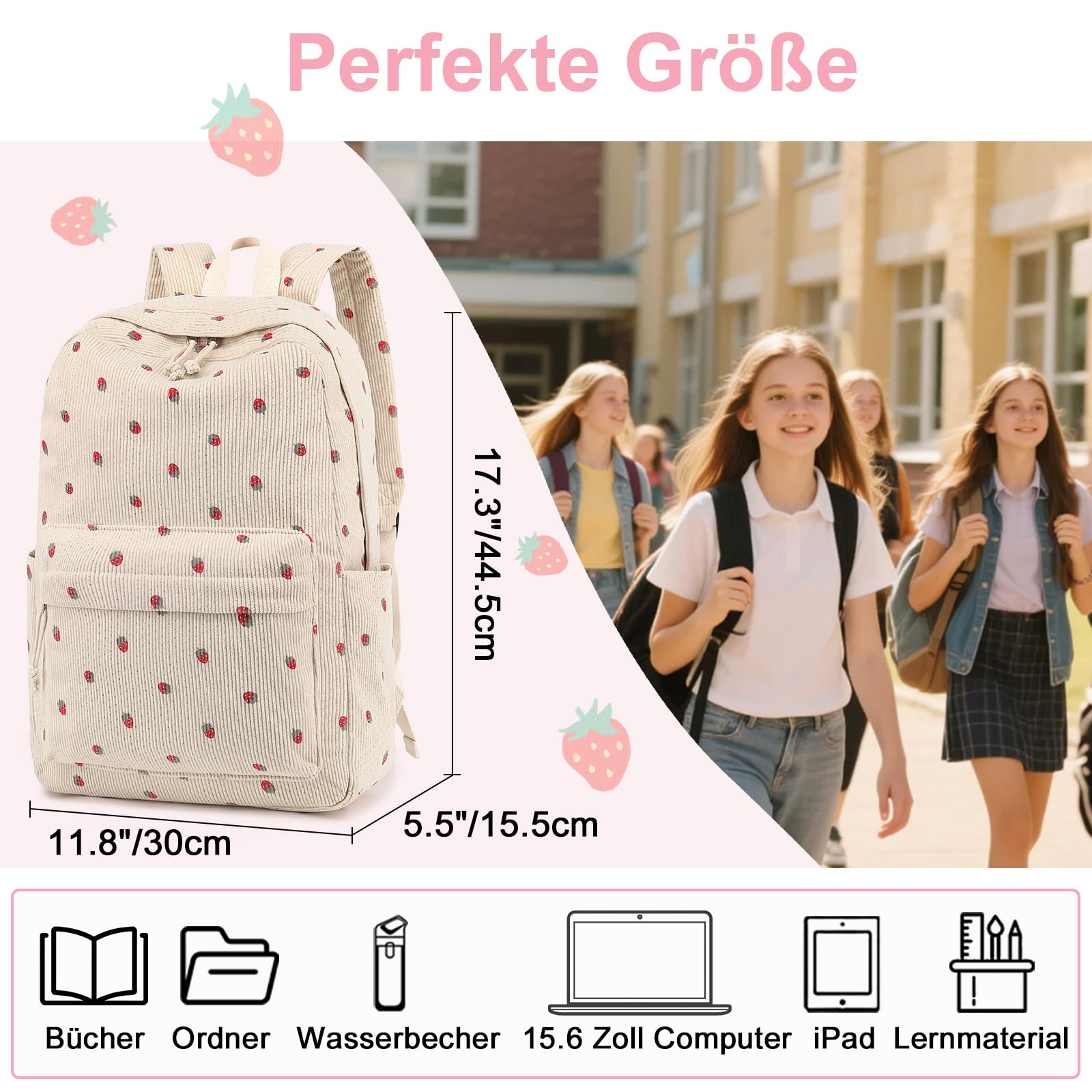 LEDAOU Rucksack für Teenager Mädchen Schulrucksack große Büchertaschen Grundschule High School Cord leichte Laptop-Taschen für Mädchen Frauen Casual Travel Daypacks (Cord Erdbeerbein)