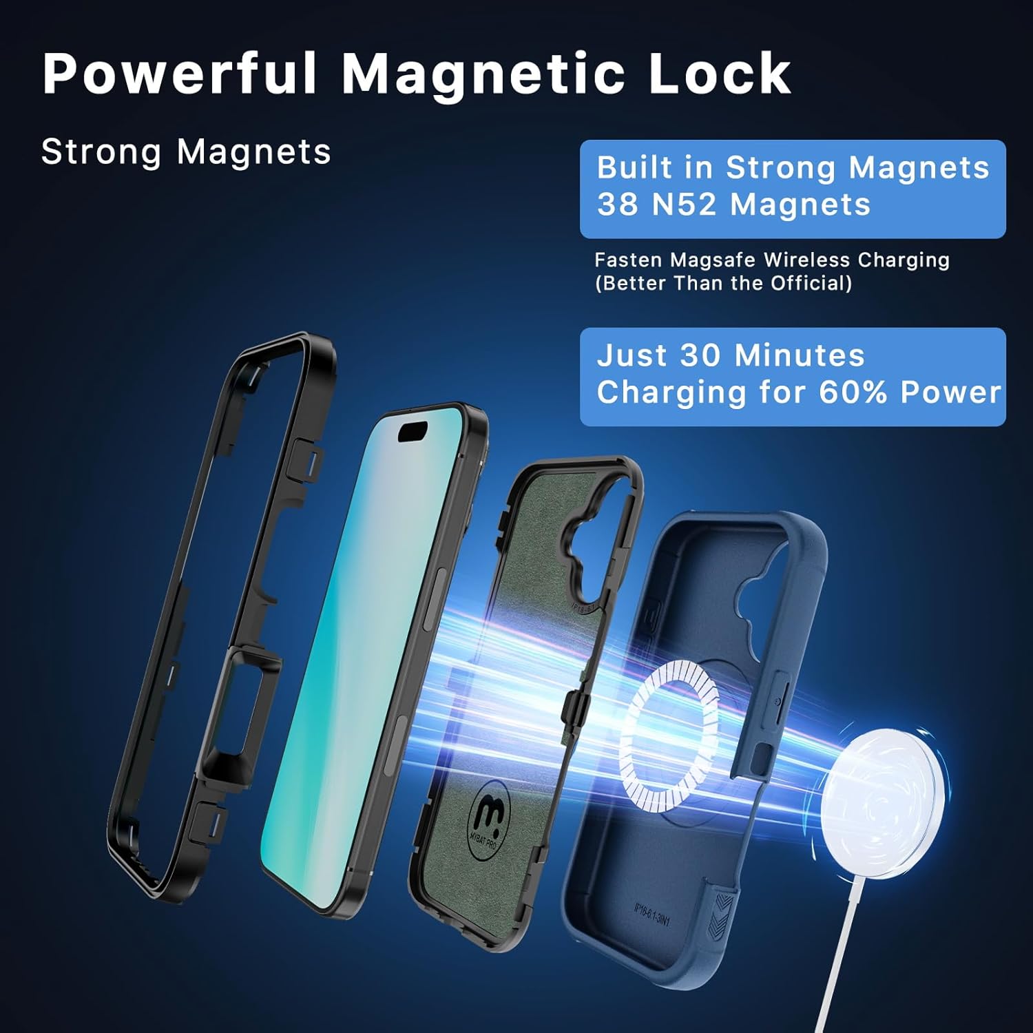 M MYBAT PRO Maverick Series for iPhone 16 6.1 Case with Belt Clip Holster,[Compatible with Magsafe] w/Screen Protector,Anti-Drop,Shockproof,with 360°Rotating Kickstand,Heavy Duty Protection Blue