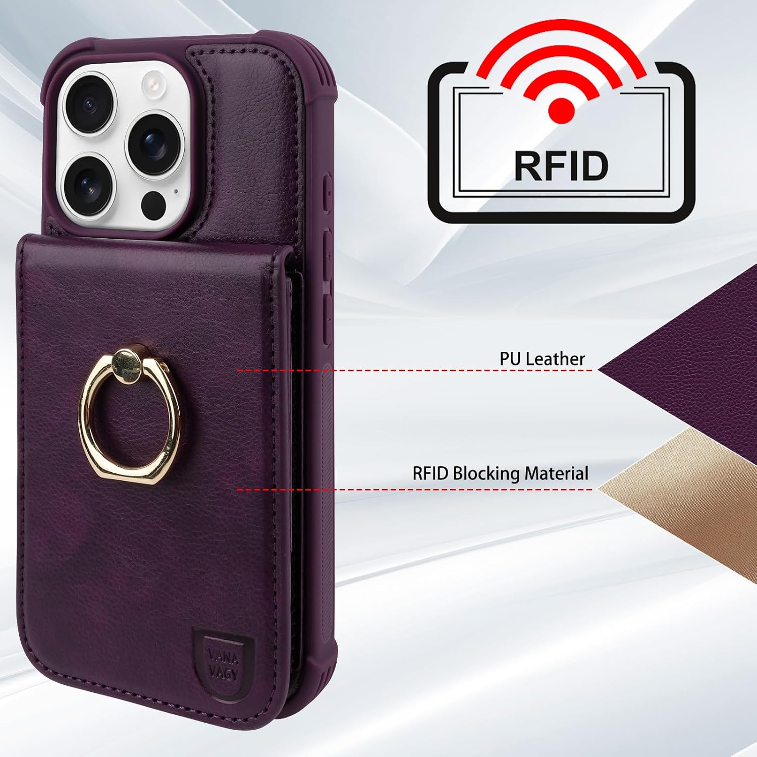 VANAVAGY Compatible for iPhone 16 Pro Wallet Case with Credit Card Holder Coin Pocket [360° Rotation Ring Kickstand], PU Leather Magnetic Clasp Flip Phone Cover for Women Men 6.3 Inch,Purple