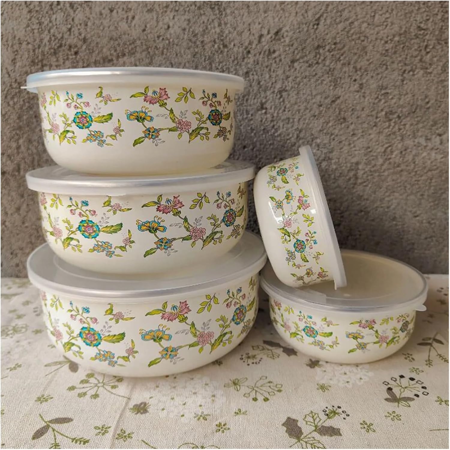 5Pcs/Set Enamel Mixing Bowl Multifunctional Nesting Bowls with Airtight Lids Food Storage Container for Kitchen Refrigerator