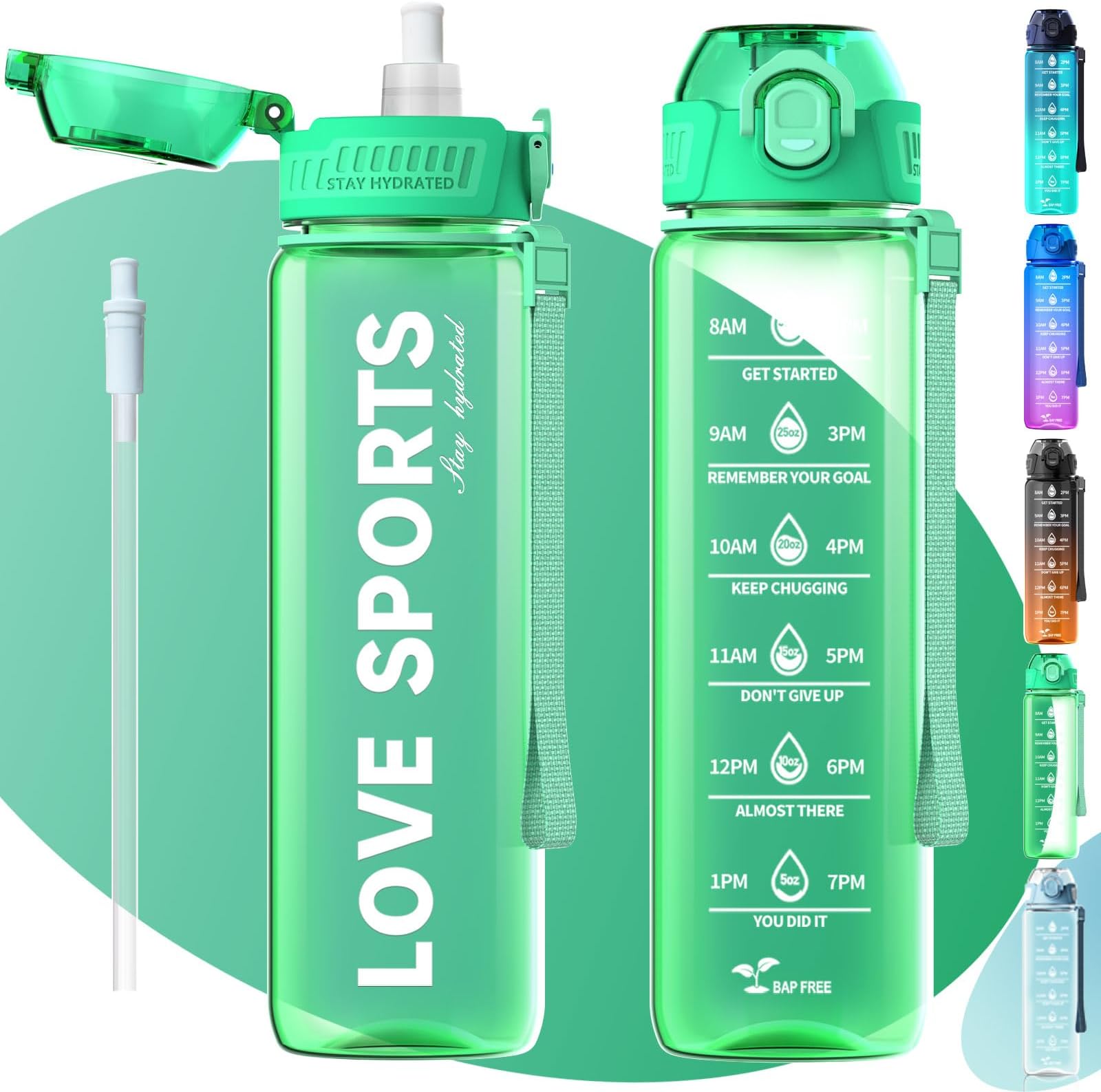 MYFOREST Sports Water Bottle, Time Marker for Motivational Hydration, Drop-proof, BPA-free, Wide Mouth for Easy Clean: Cold/Hot/Carbonated/Cider (1 L Mint Green Translucent, 1000 ml)