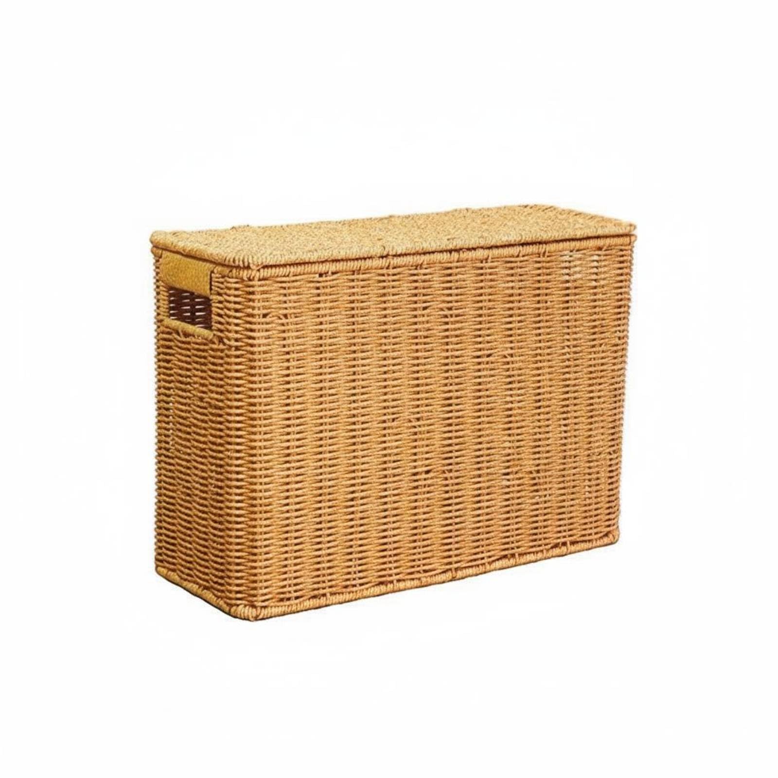 perfk Cesta Organizadora Tejida con Tapa Protectora y Estructura Resistente de Hierro Diseño Decorativo Trenzado de Ratán Asas Prácticas Adecuada para Dormitorio Baño Sala de Estar, L