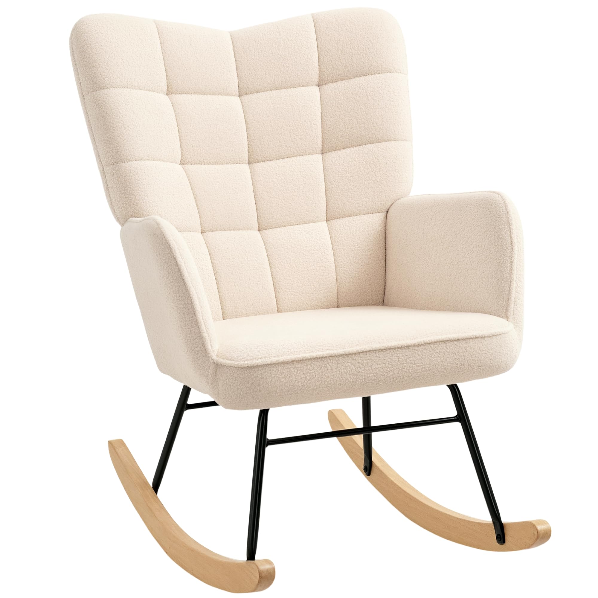 HOMCOM Wingback Rocking Chair for Nursing, Upholstered Berber Fleece Nursery Glider Rocker, Modern Armchair for Living Room, Beige