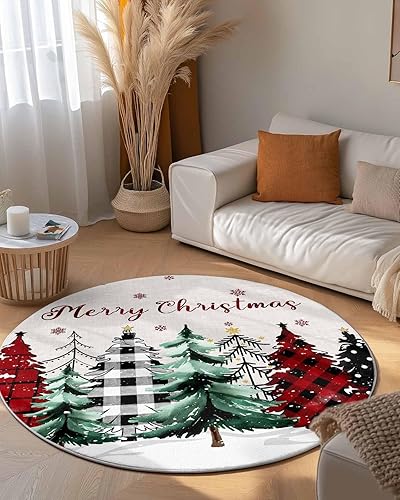 Miniatura 4 de Alfombra redonda de Navidad de 6 pies, lavable para interiores y exteriores, para dormitorio, cocina, baño, sala de estar, comedor, lavandería,