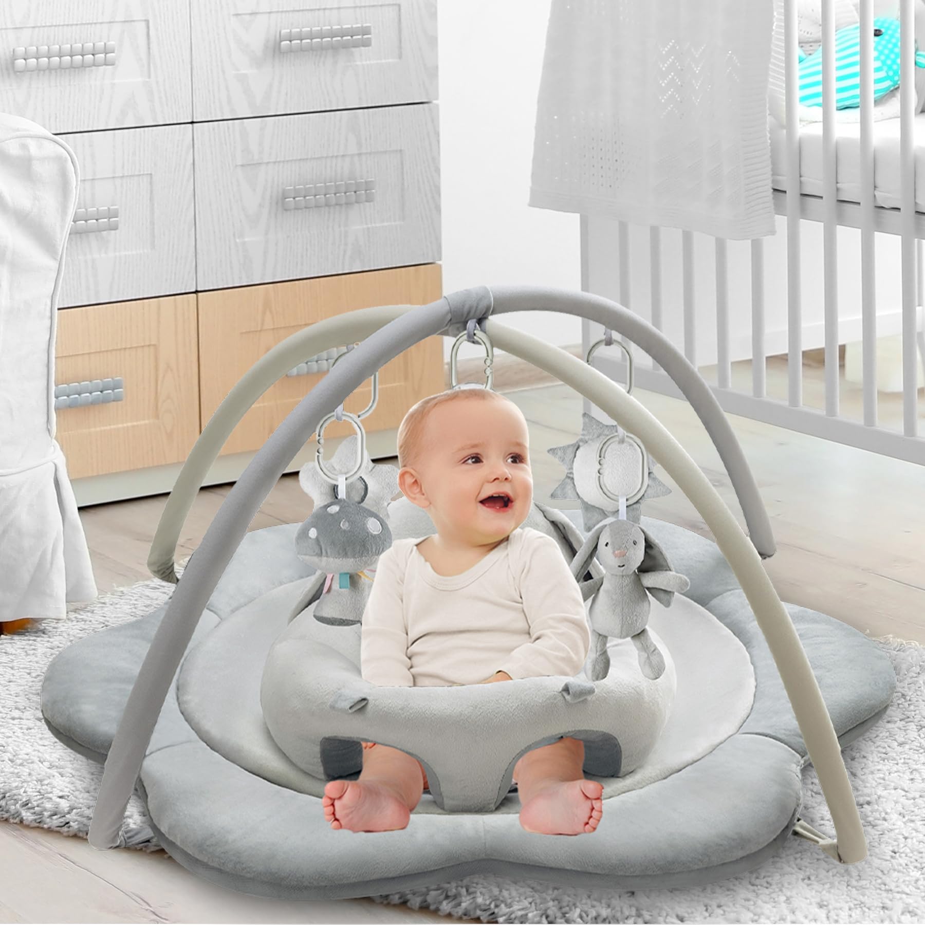 Suihuooo 3‑in‑1 Baby Spielmatte mit Sitzfunktion, blumenförmige Krabbelmatte, Spielzentrum für Babys von 0‑12 Monaten,Grau