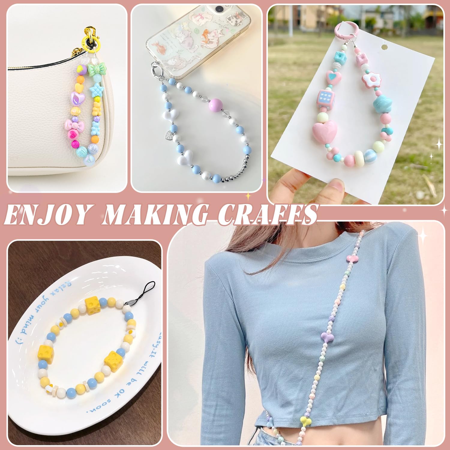 210-270PCS TINKRSTUFF Assorted Acrylic Beads for Bracelet Making, Cute Beads for Jewelry Making Flower Bow Butterfly Candy GummyBear Aesthetic Bracelet Charms, DIY Necklace Keychain Phone Charm: Macaroon Color