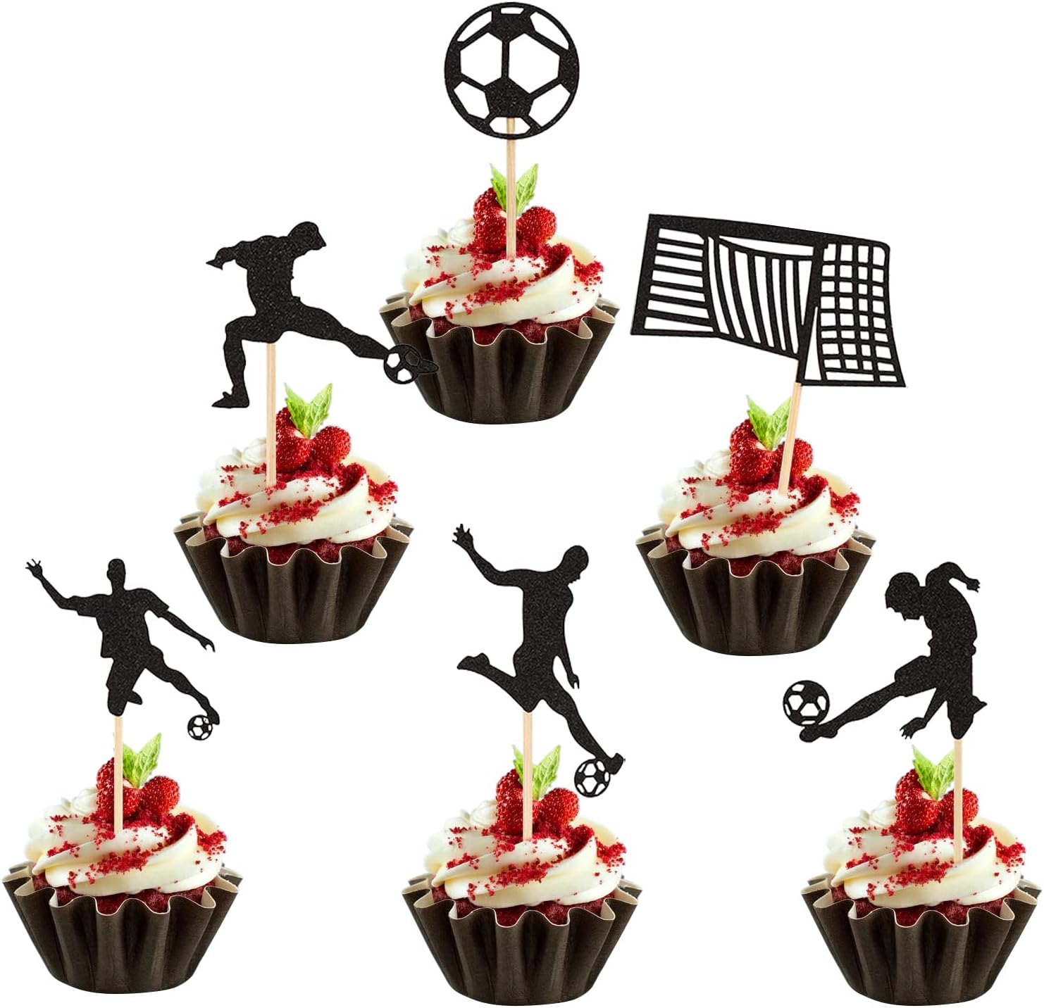DADOP 24 PCS Football Cupcake Toppers Black Glitter Football Players