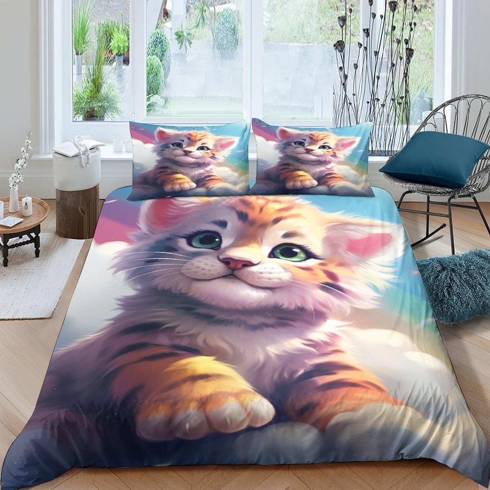 Cartoon Tiger Duvet Cover Set 3D Bedding Sets Microfibre Quilt Cover with Zipper Closure Wildlife 3 Piece Set Comforter Cover Double（200x200cm）