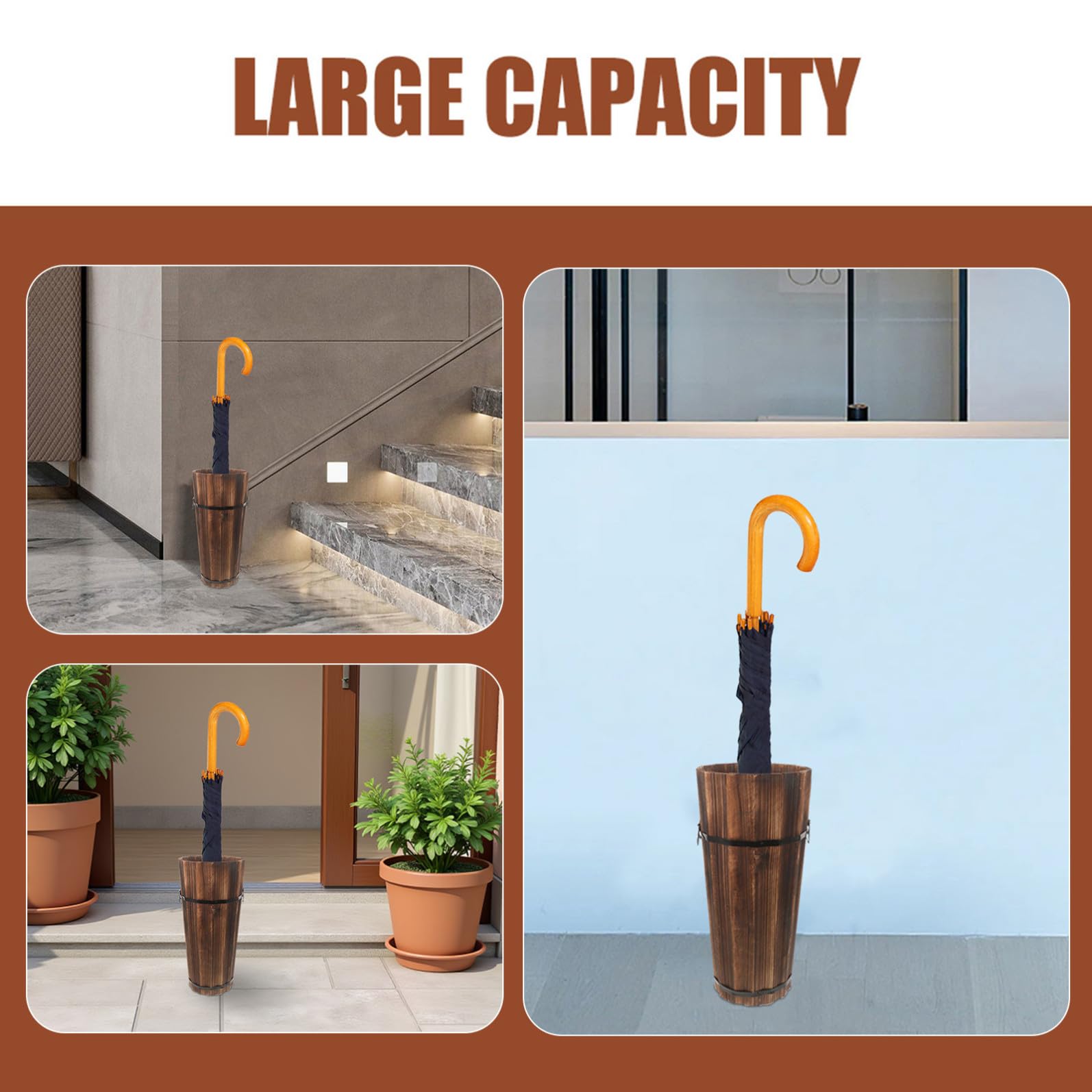 PRETYZOOM Paragüero de Madera Marrón de Diseño Hueco, Expositor de Paraguas con Gran Capacidad para Guardar Paraguas, Bastones y Abanicos en Casa