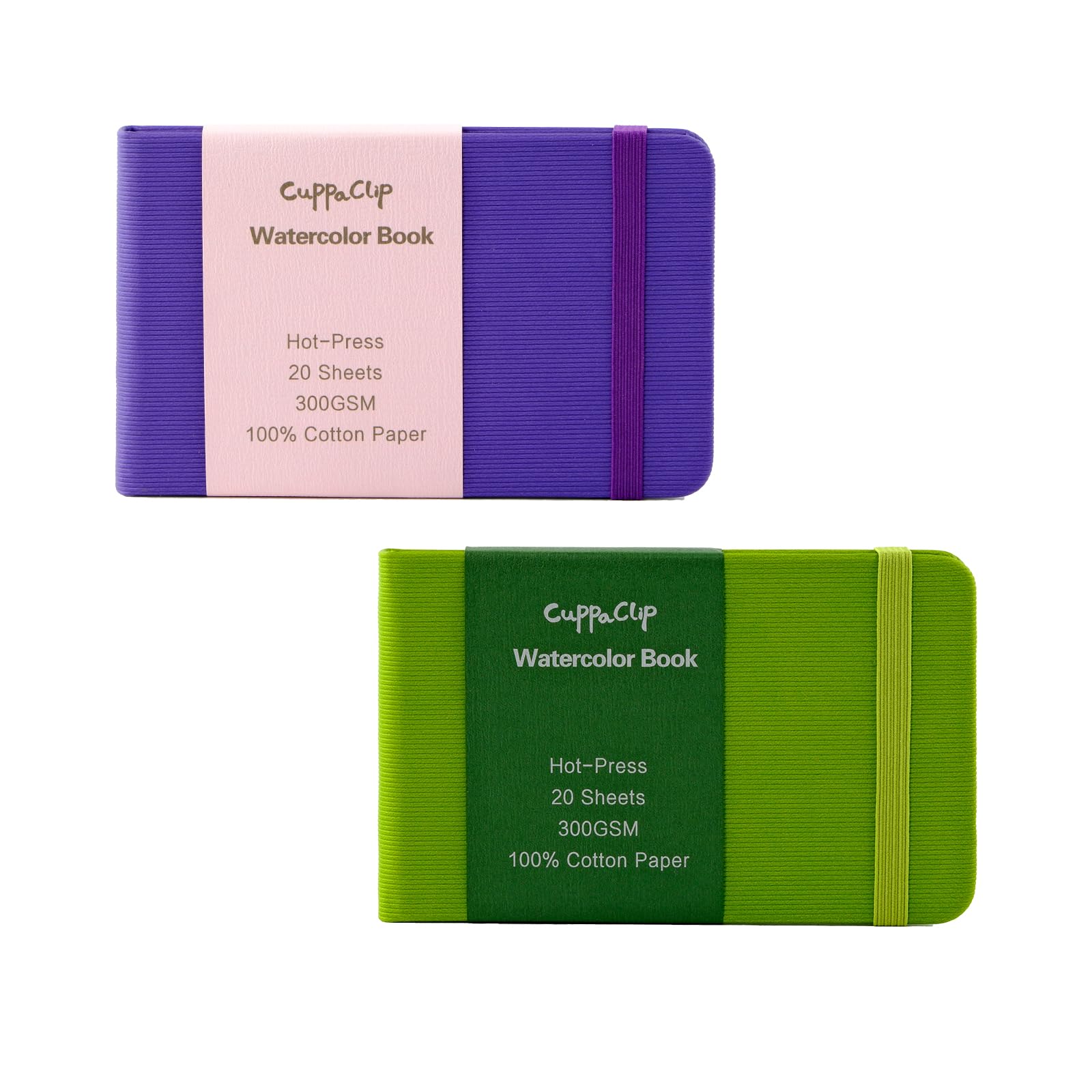 CuppaClip Quaderno per schizzi con carta ad acquerello in cotone pressato a caldo con tasca interna, diario da viaggio, 300 g/m², 63,5 kg (viola+verde, 14,8 x 9,5 cm)