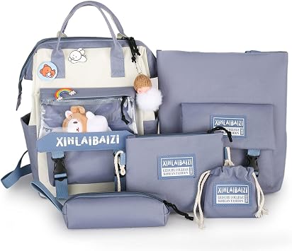 5Pcs Kawaii Canvas Backpack Combo Set with Bear Pendant Cute Ornament Pins Aesthetic Handle Shoulder Tote Bag Blue