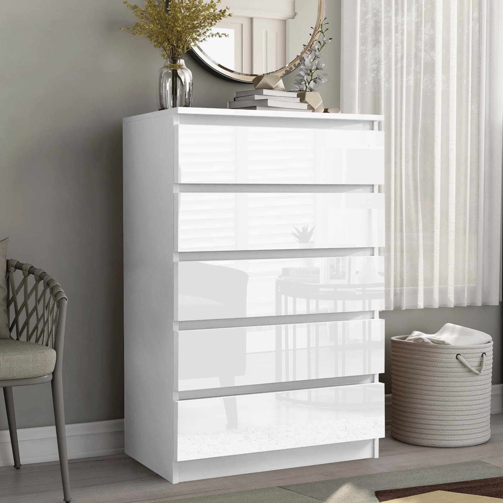 Fairfield Minimalist Chest of Draws, Sliding Drawers, Multiple Sizes, Storage for Essentials (Gloss White, 5 Draw)