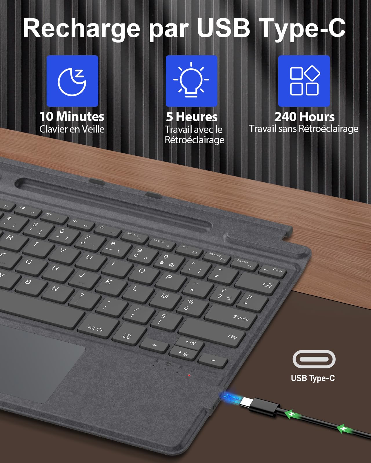 MoKo Clavier Français Compatible avec Microsoft Surface Pro 12 (13 Pouces 12ᵉ Génération 2026)/11/10/ 9/8/ X, Clavier AZERTY Bluetooth avec Pavé Tactile, Rétroéclairage 7 Couleurs, Rechargeable