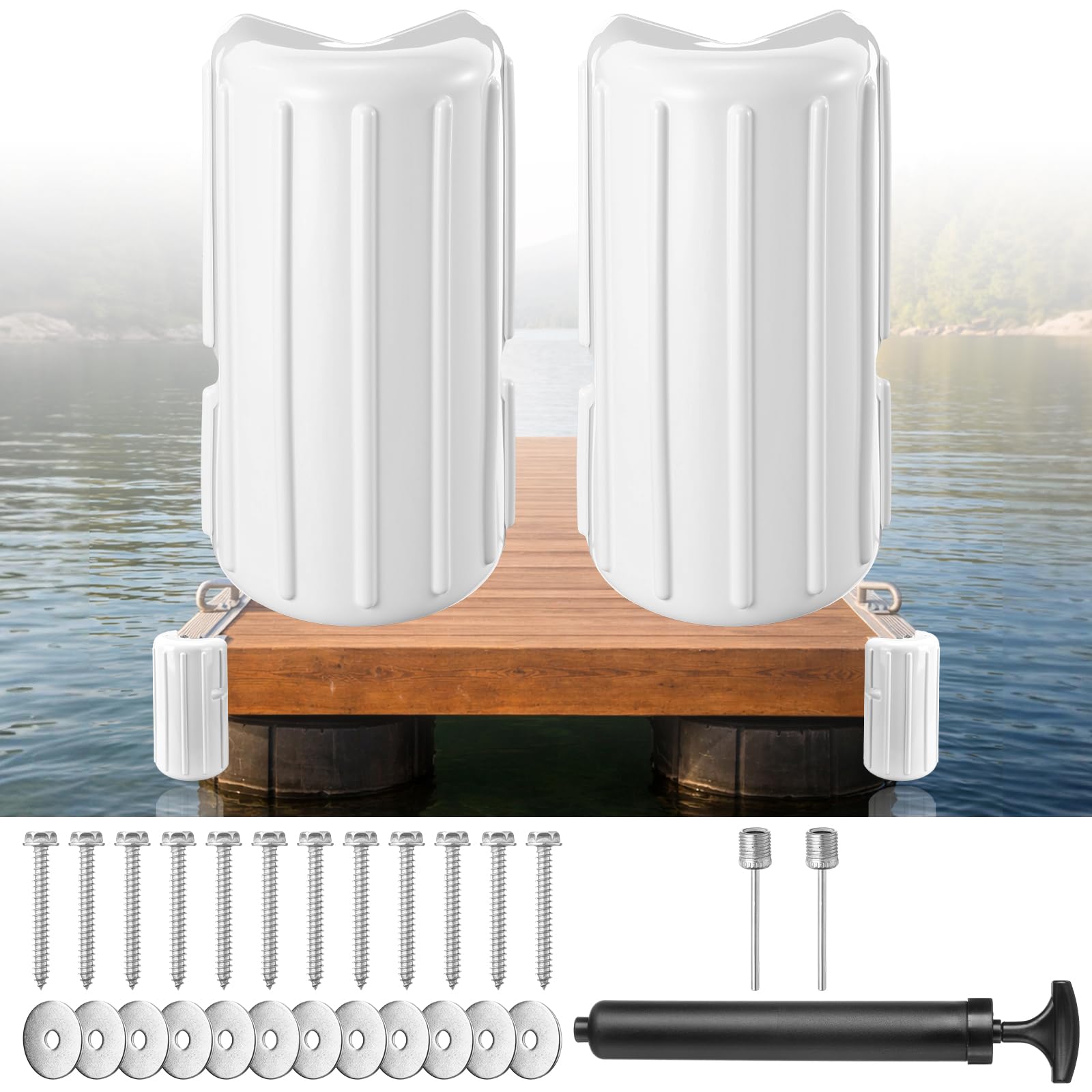 DaisyInner 2 Pack Dock Bumpers Dock Corner Bumpers Inflatable Marine Boat Fenders with Pump and Stainless Steel Mounting Hardware for Corner Edge Buoy Pontoon Protection, 15.2" x 8" (White)