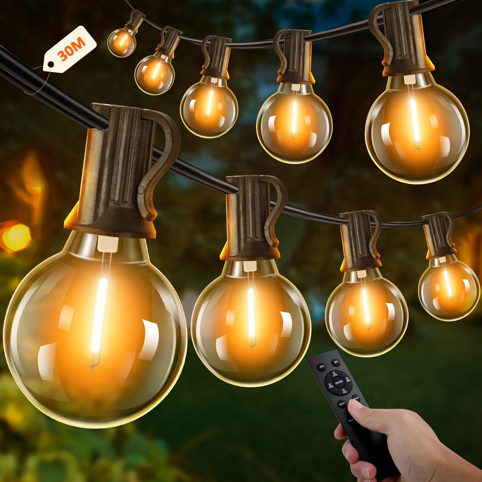 Kangtaixin 30M Lichterkette Außen mit Timer, LED Lichterkette Strom Outdoor mit 50+2 G40 Glühbirnen, 4 Modus und Dimmbar Lichterkette Wasserdicht für Garten Balkon Terrasse Party Hochzeit (Warmweiß)