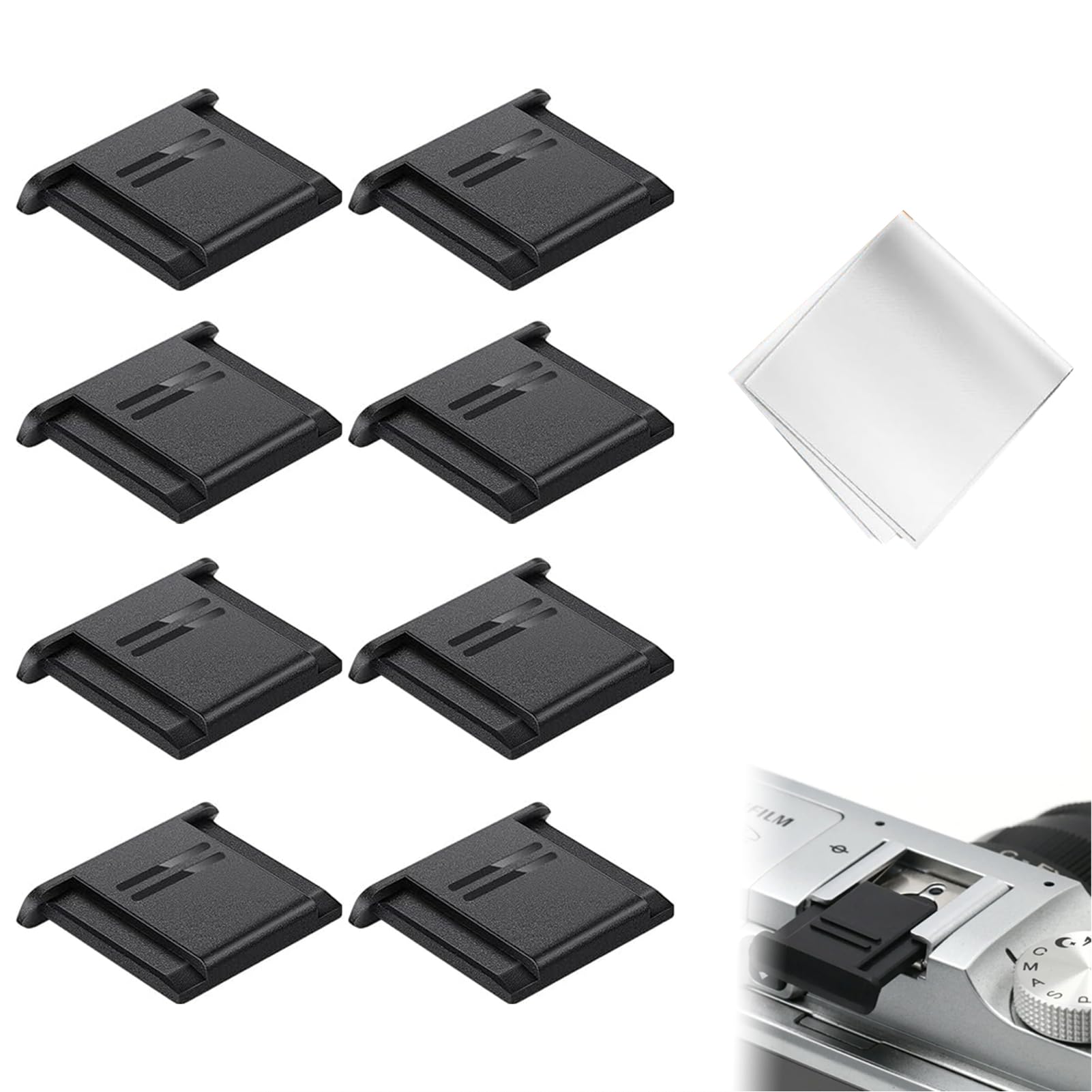 Coperchi Slitta Flash – Protezione Antipolvere & Antigraffio per Fotocamere DSLR/Mirrorless, 8 Pezzi Plastica ISO Universale + Panno 6x6cm.