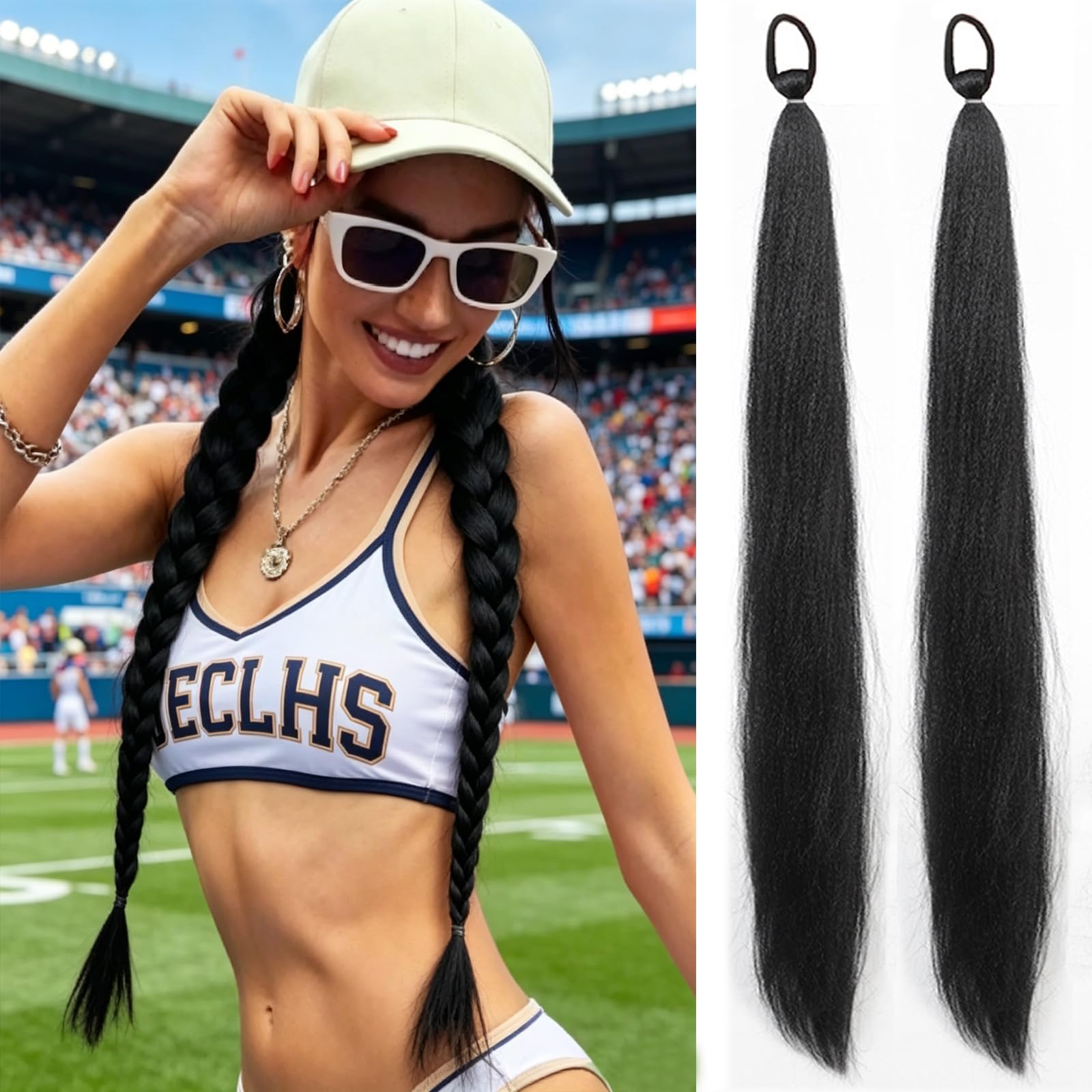 2 Pack Black Ponytail Extension with Elastic Tie, Braid Hair Extensions, Crazy Hair Day Pony Tail Extensions for Braids, Hairpieces for Girls Women 1.62 Ounce (Pack of 2) Black
