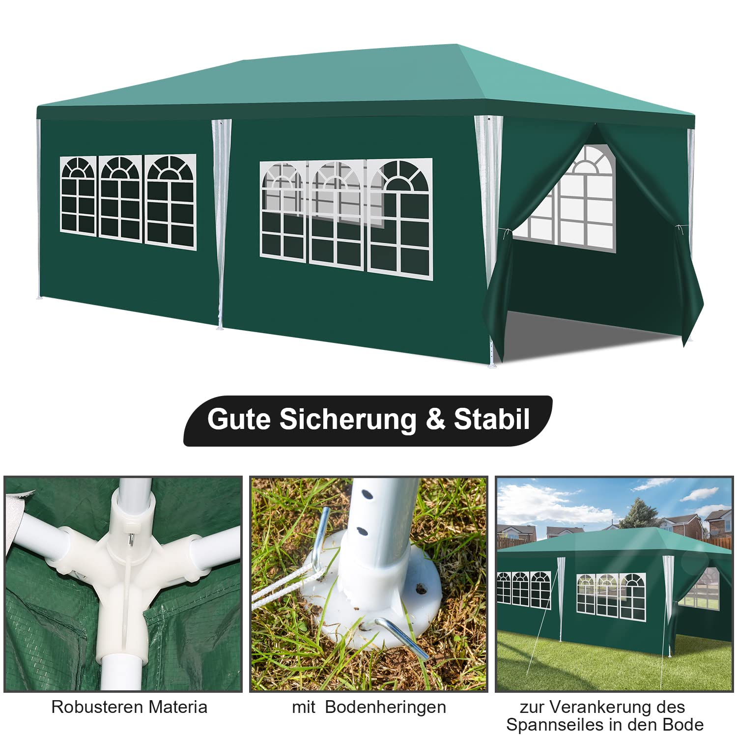 Daromigo Gazebo da giardino impermeabile, 3x6 m, verde, tenda UV, con pannelli laterali e finestre, stabile, resistente invernale, per feste