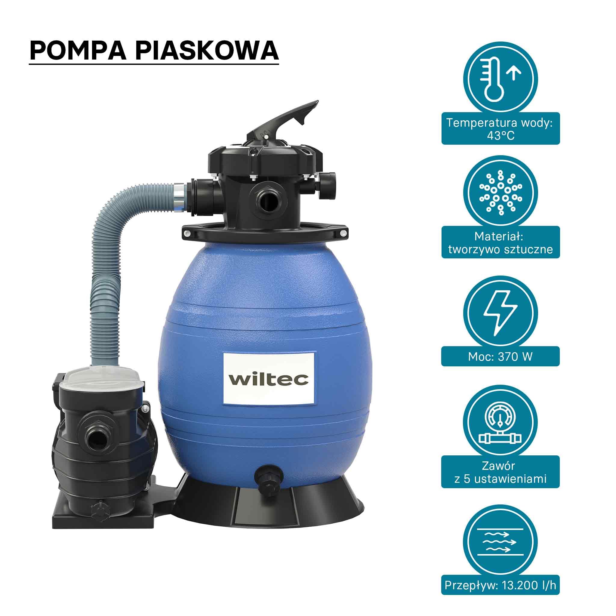 Wiltec System filtra piaskowego 370 W ze zbiornikiem filtra 26 l i pompą samozasysającą 13200 l/h, pompa piaskowa do basenu, filtr do basenu