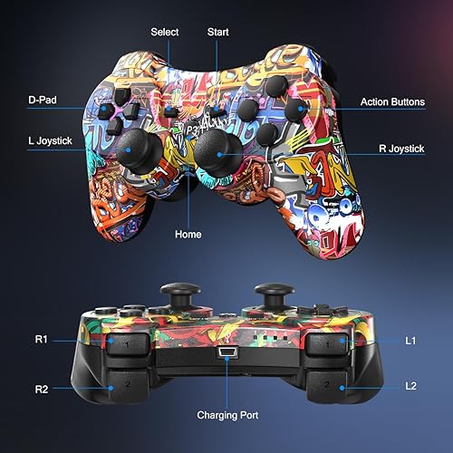 Miniatura 6 de Yinjie 2 Pack Wireless Controller for PS3, Compatible with Playstation 3, with 2 Charging Cables - Graffiti