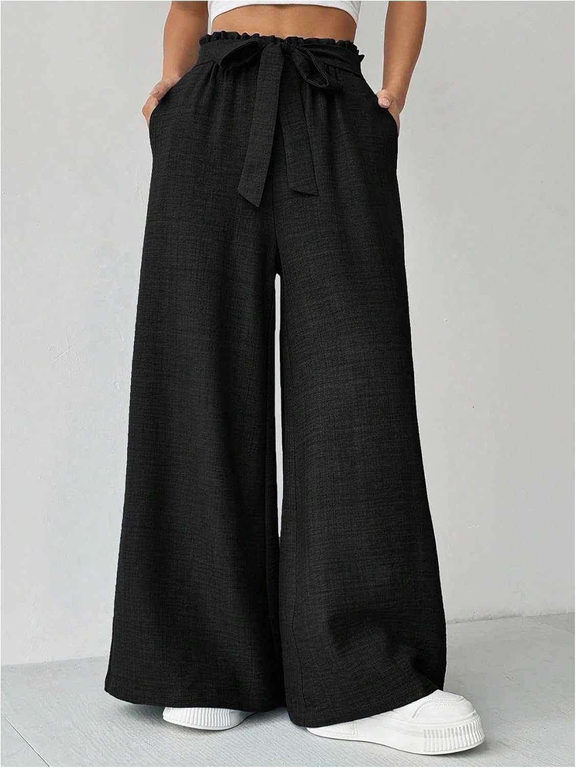 Floerns Women's Casual Wide Leg Baggy Pants Paperbag Waist Trousers with Pocket - Image 2