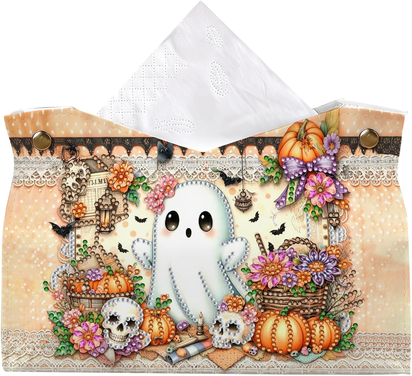Cute Ghost Pumpkin Lace DIY PU Leather Diamond Painting Tissue Box (Large)