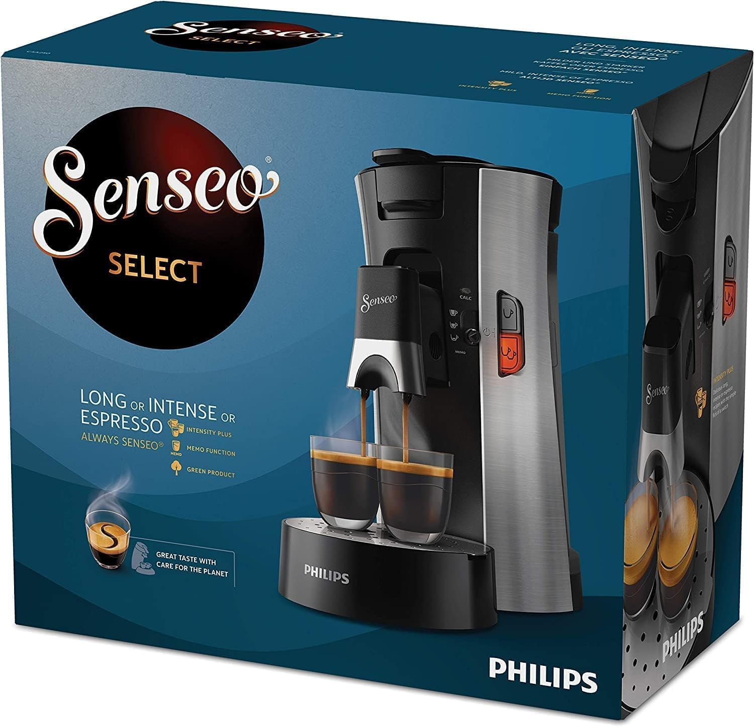 Philips Senseo Select Kaffeepadmaschine Bundle mit 66 Kaffeepads, 3 Kaffeespezialitäten, Memo-Funktion, Crema Plus, Intensität Plus, aus recyceltem Plastik, 0,9L, Gebürsteter Stahl (CSA250/10)