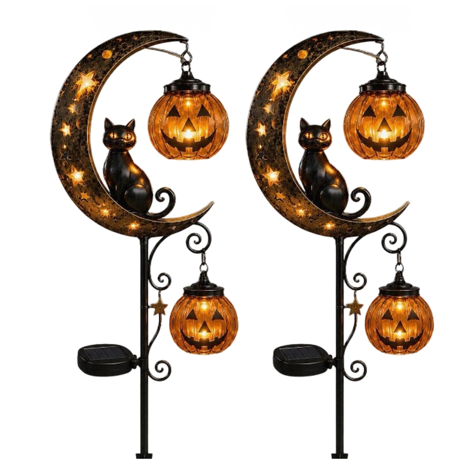 Pasisuu Halloween Solar Garden Stake Light, Black Cat Pumpkin on Crescent Moon with Hanging Pumpkin Lantern, Waterproof Outdoor Lantern for Yard Patio Pathway 2pcs