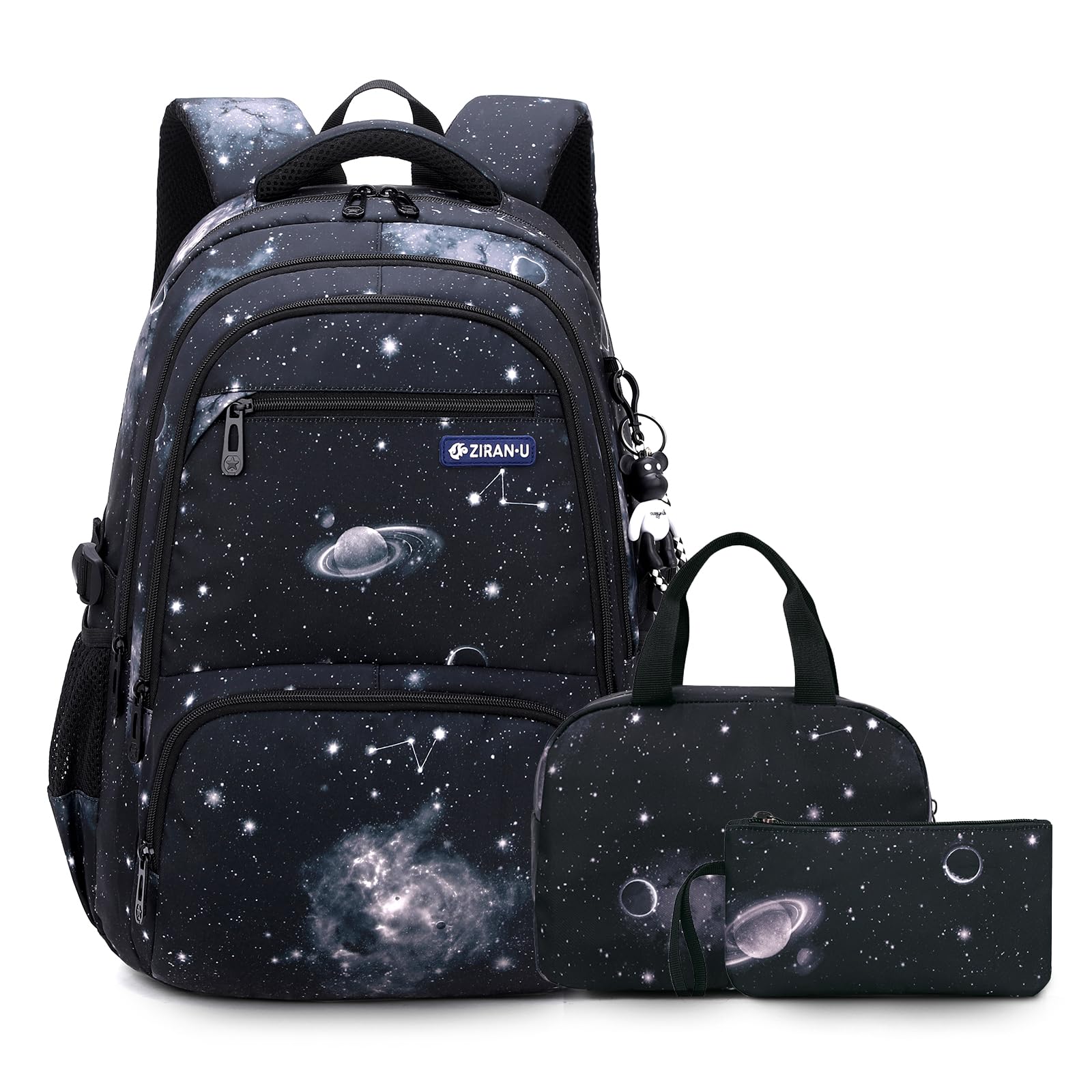 Amythe Sac à Dos pour Adolescents 3 Pièces, Cartable Garçon Primaire College, 30L Sac Ecole Décontracté Imperméable pour Filles Garçons Adulte, avec Sac à Déjeuner et Trousse, Noir