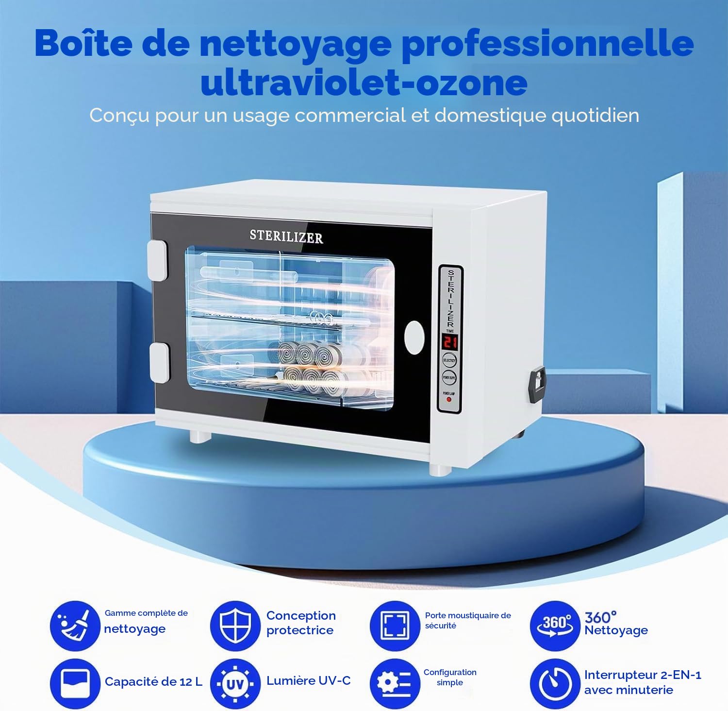 Stérilisateur UV,sterilisateur materiel onglerie haute capacité 12L,Efficace Stérilisateur UV avec réglage de la minuterie,professionnel stérilisateur à lumière LED pour la maison,le salon de coiffure