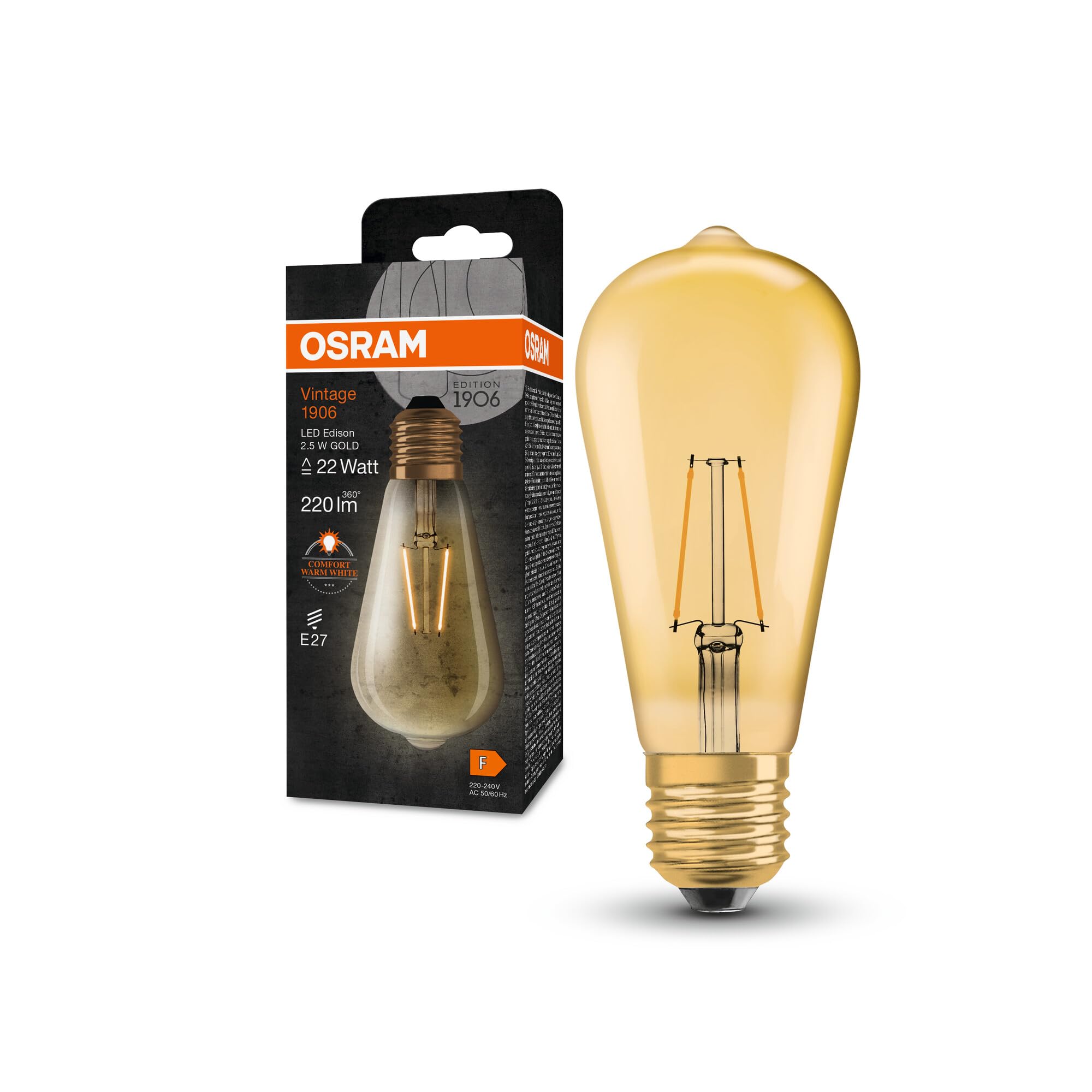 OSRAM Vintage 1906 Classic Edison Fil Led Lamp, E27, Gold, 2.2W, 250Lm, 2400K, Warm White Comfort Light Color, Very Low Energy Consumption, Long Life