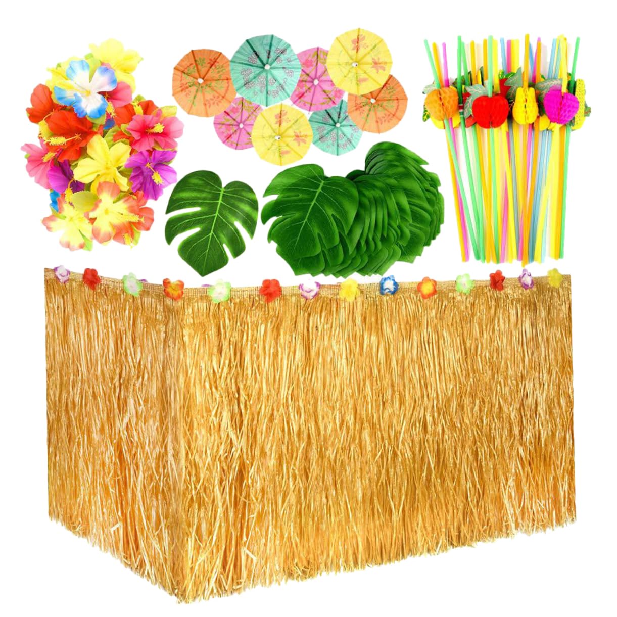 Alipis 1Set Party Table Skirt Straw Table Skirt Pineapples Flamingos Leaves Hibiscus Flowers Umbrellas Straws for Decorations