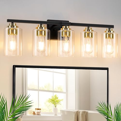 Miniatura 26 de Lámparas de baño de 3 luces, 19 pulgadas, modernas luces de tocador sobre espejo con pantallas de vidrio transparente, accesorio de luz dorada, Oro