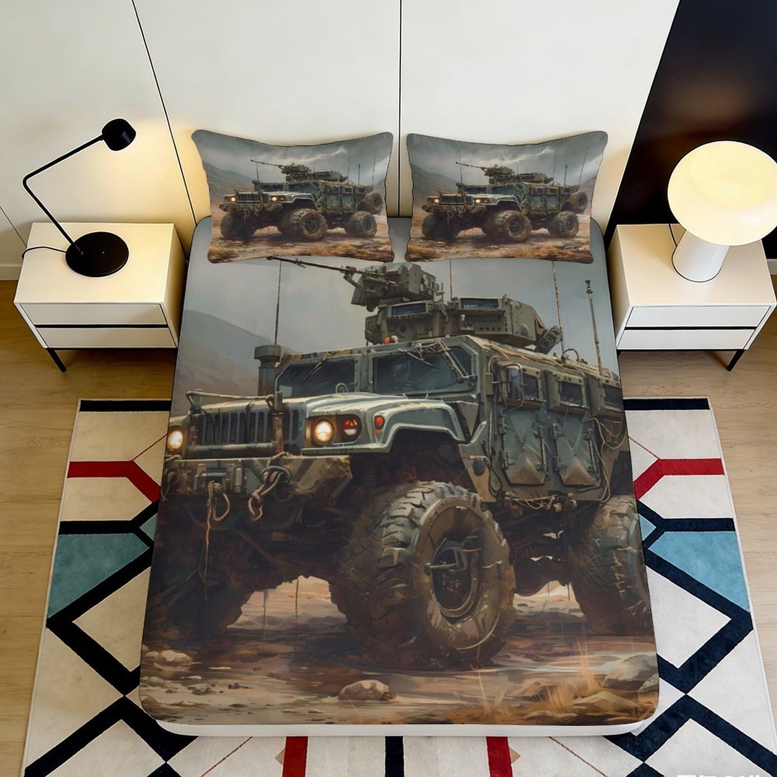 3D Printed Military Vehicle Fitted Sheet Microfiber Durable Camouflage Bed Sheet for Bedroom Guest Room Decor 90x200x25cm