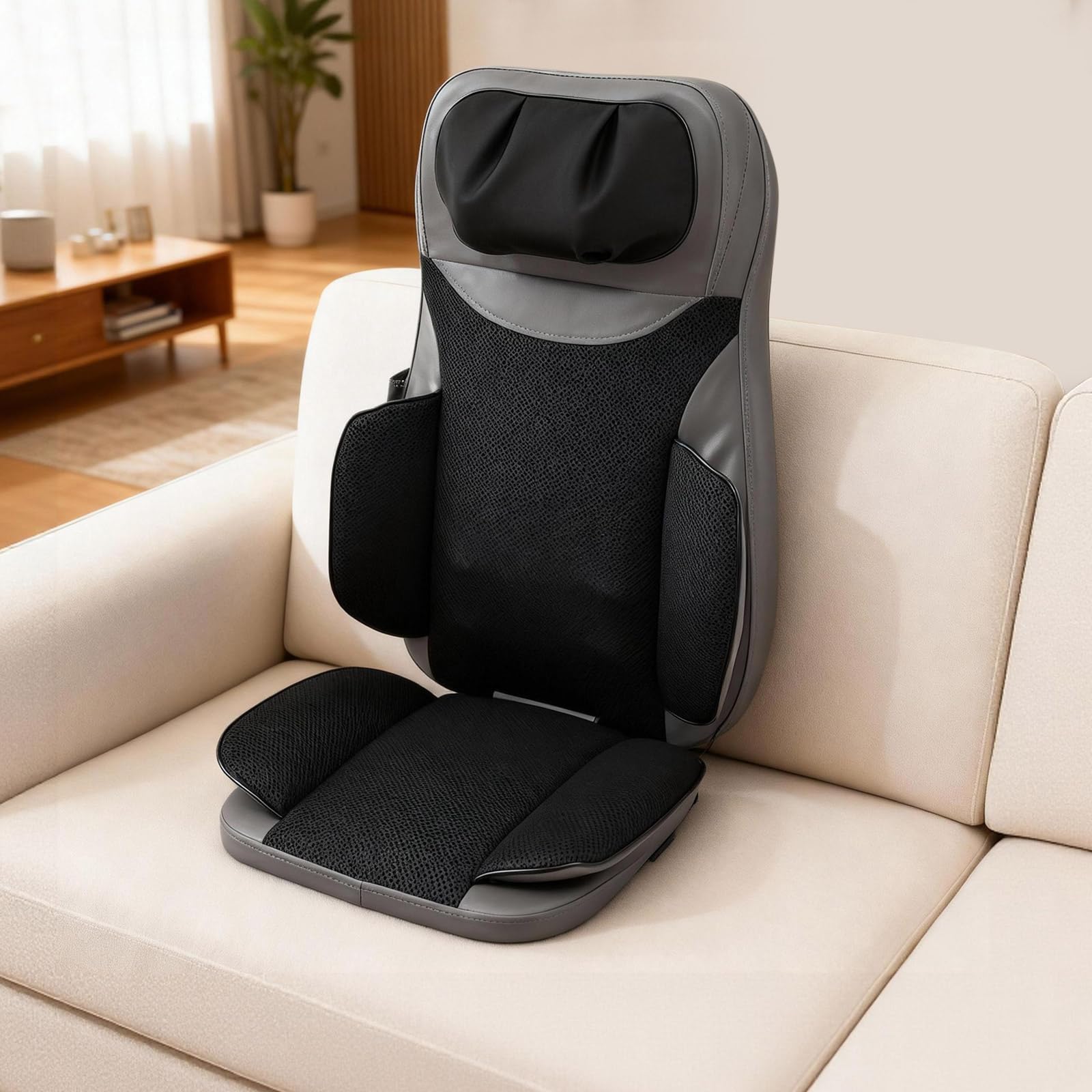 Massagesitzauflage mit Wärmefunktion und Vibration, 5-in-1 Rückenmassagegerät für Sessel, Bürostuhl und Auto, 3D-Shiatsu-Köpfe, 5 Modi, 3 Intensitäten, Inkl. Fernbedienung & Adapter