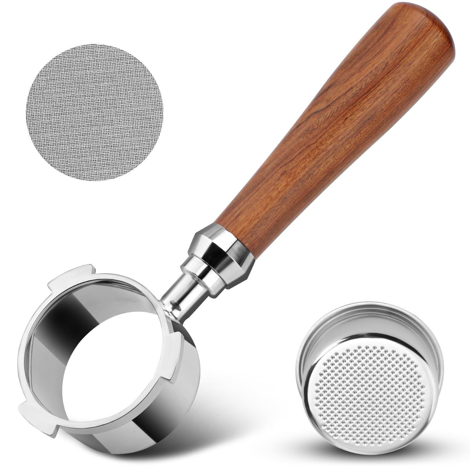 51mm Bottomless Portafilter 3 Ears Compatible with Delonghi Dedica EC680 and EC685, and SMEG & EUPA Coffee Machines, with Puck Screen & Filter Basket, Rosewood Handle-image-9