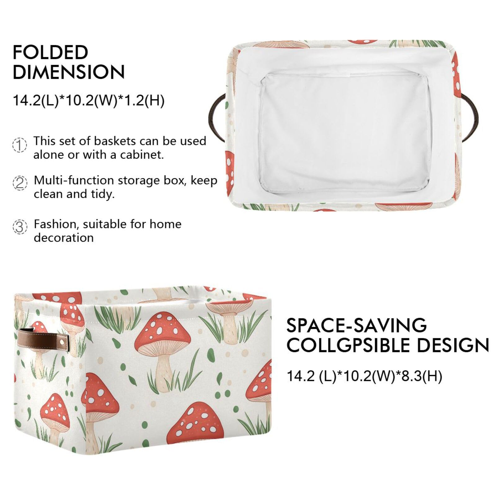PaChyLuu Red Mushrooms Storage Basket Bin Canvas Fabric Organizer Toys Basket with Handles for Home Office Nursery, Clothes, Gifts, 2 Pcs